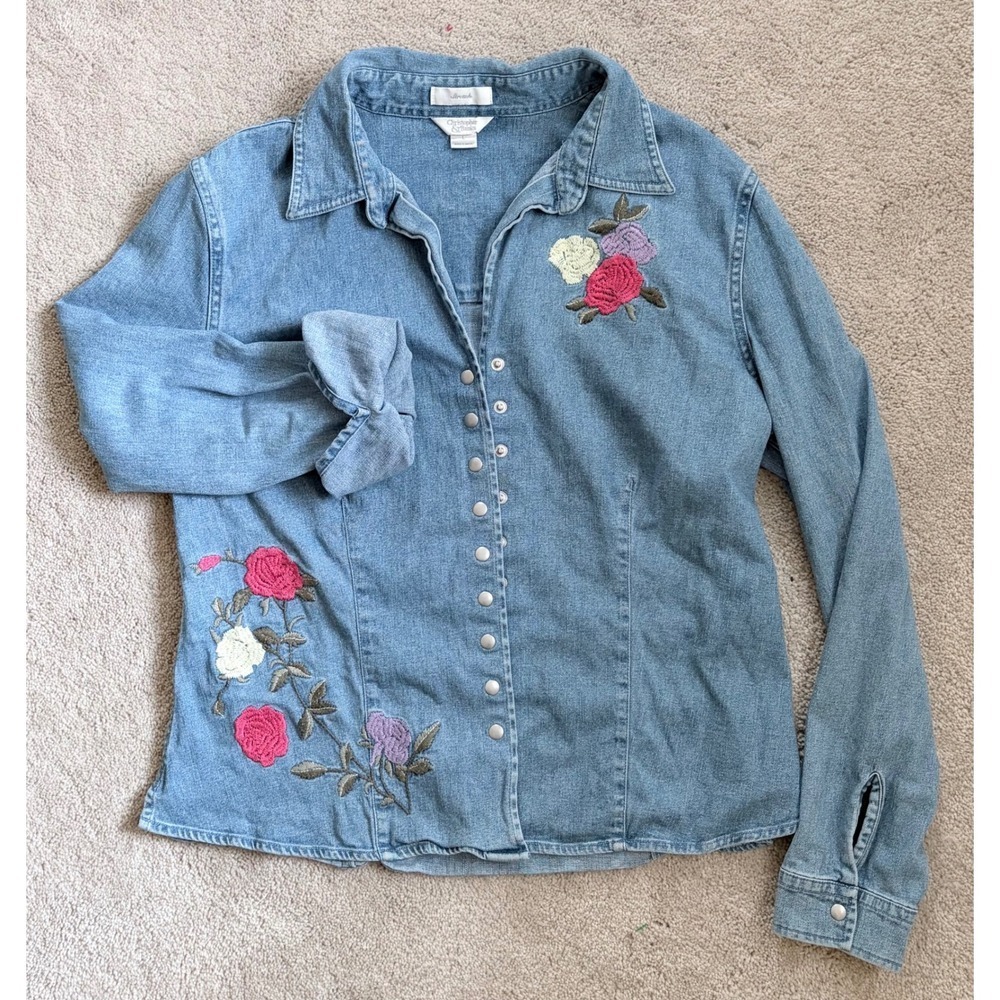 Floral Embroidered Denim Shirt Light Wash Blue Large 90's Butter Mom - Picture 9 of 10
